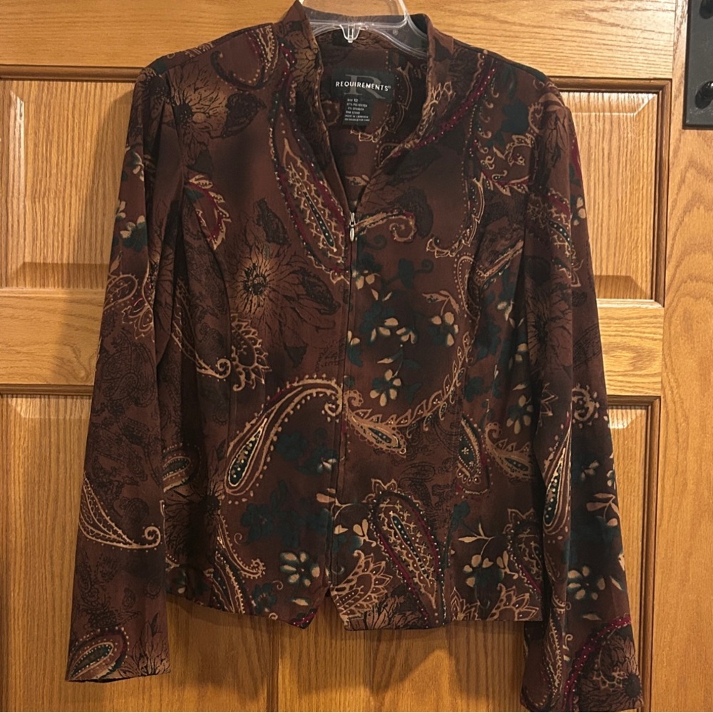 Vintage Requirements Brown Paisley Print Zip Jacket Size 12 Feel of Velour
